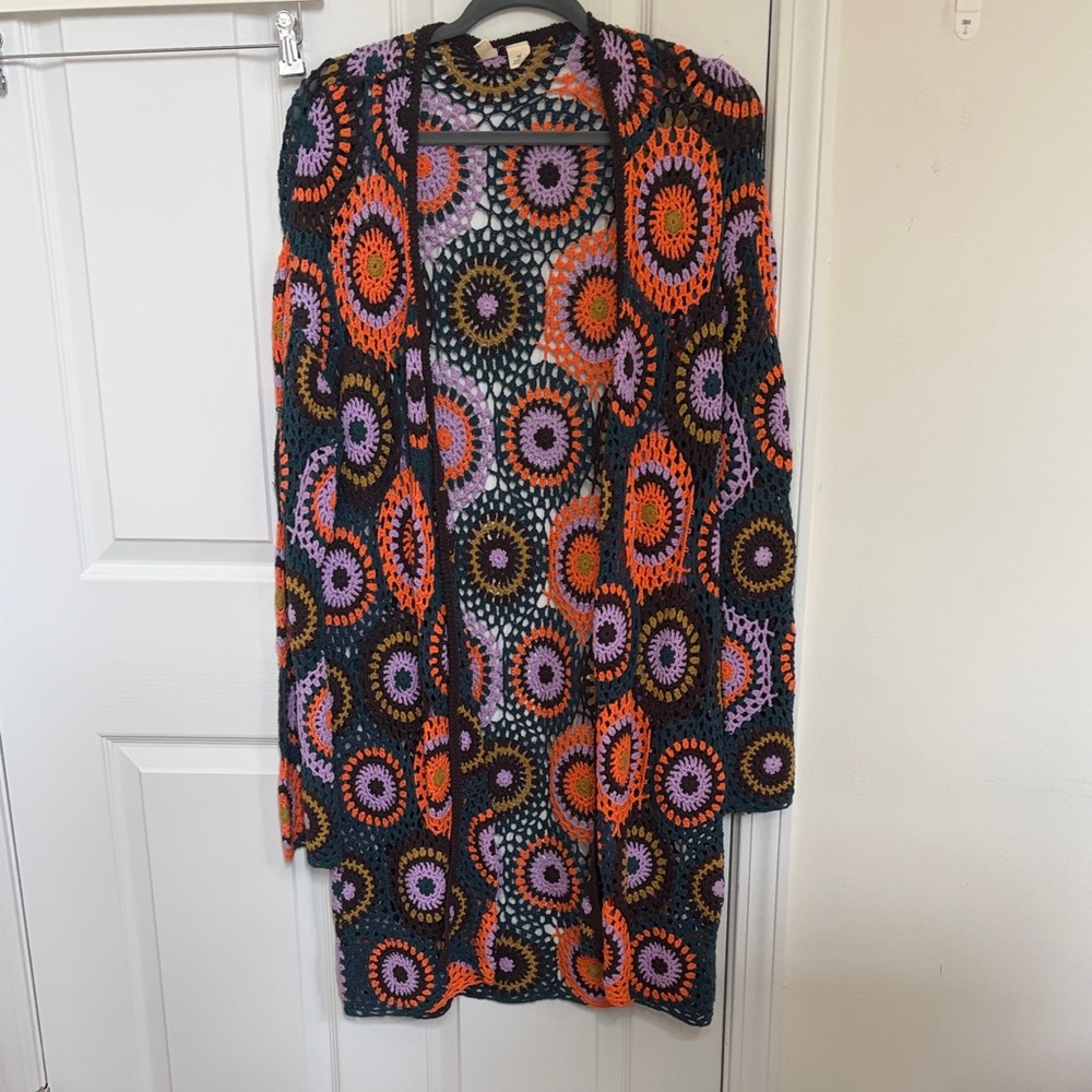 Moth Open Crochet Long Sleeve Dress in Black with Orange & Lavender Accents